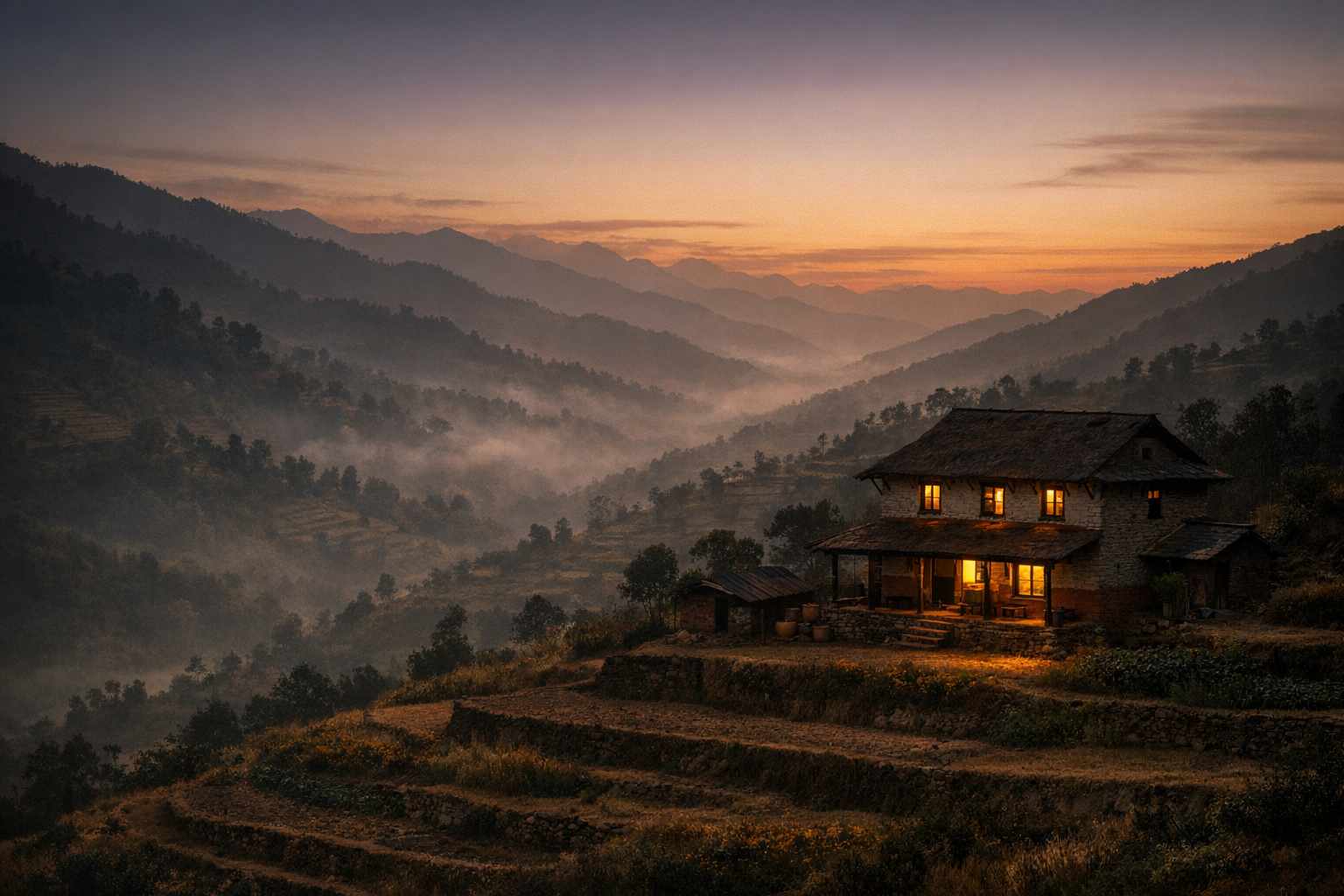 Misty Nepali hills at dusk with a traditional house lit from within.